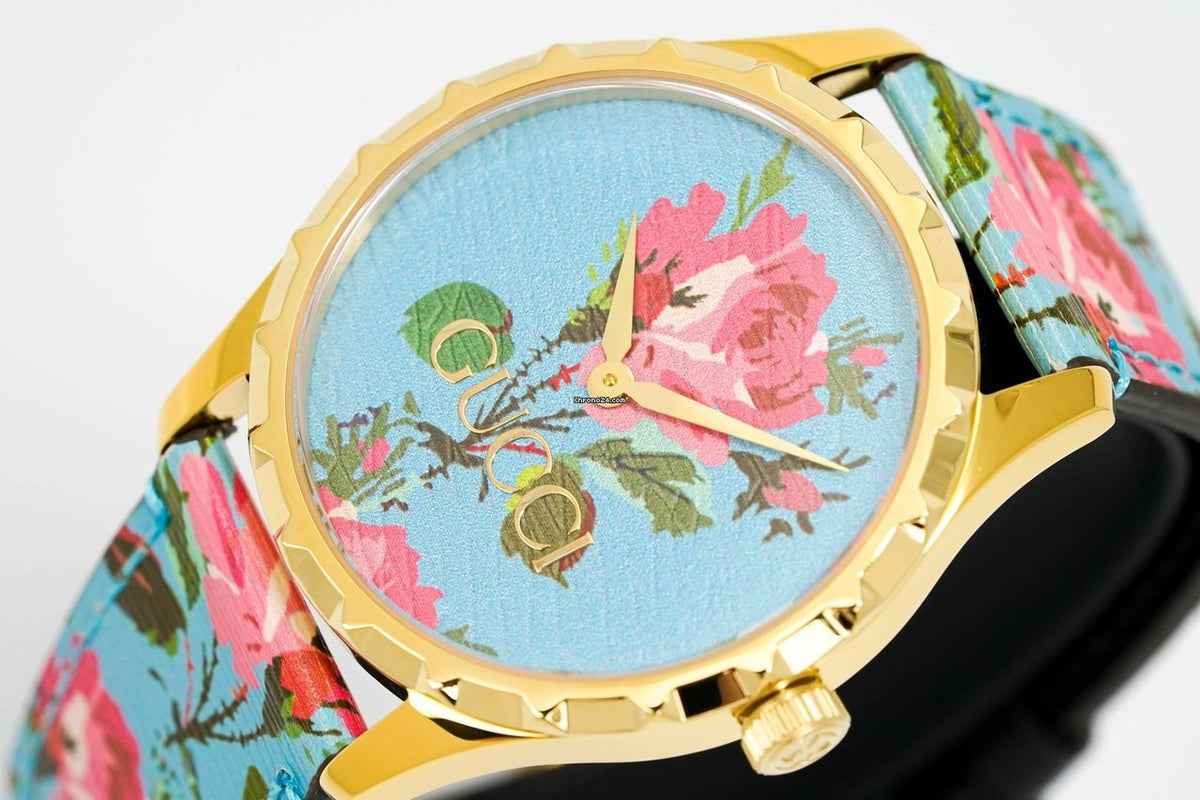 Gucci G Timeless Floral Turquoise Dial Turquoise Leather Strap Watch For Women - YA1264085