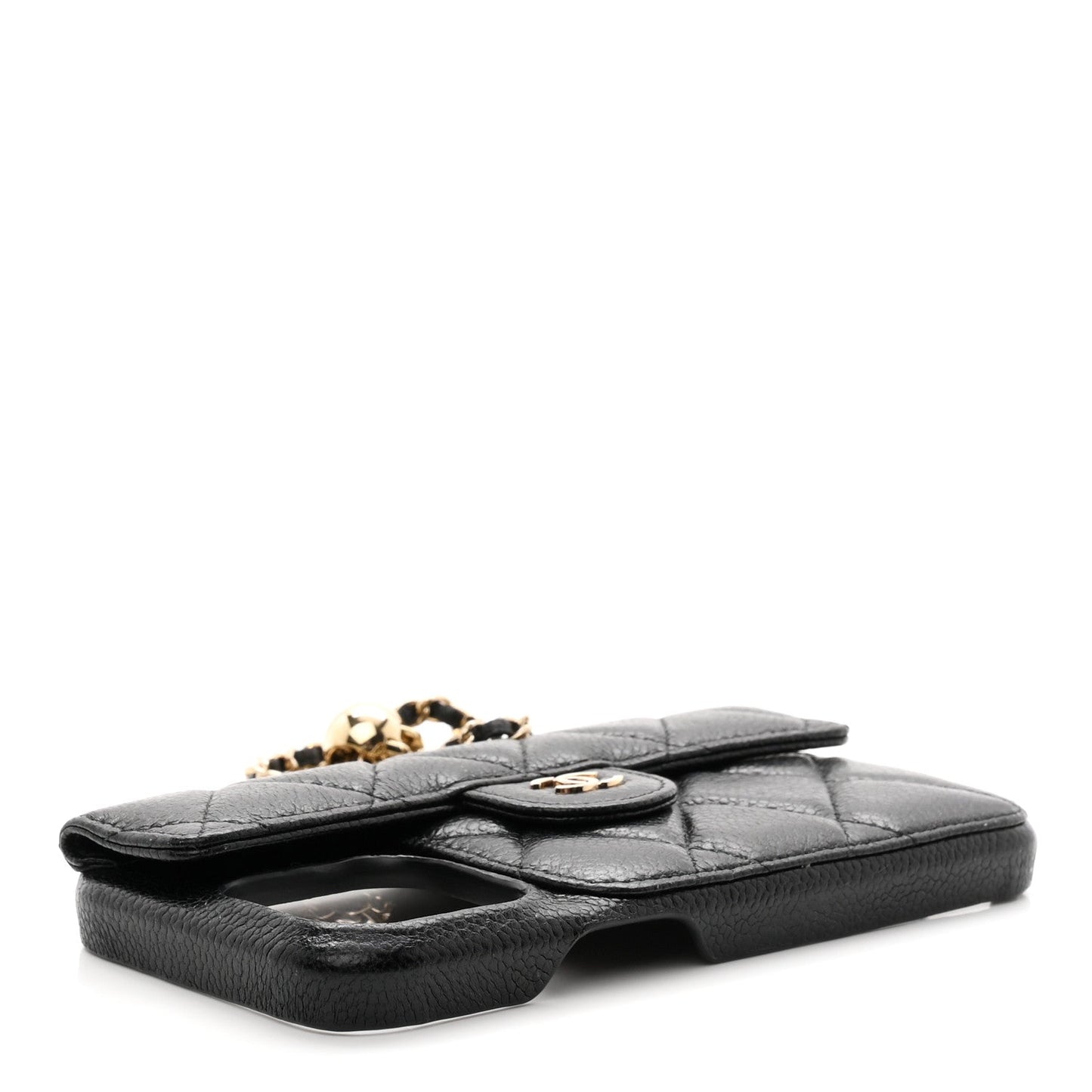 Caviar Quilted Pearl Crush iPhone 15 Pro Max Holder With Chain Black