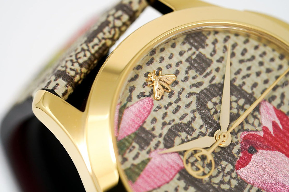 Gucci G Timeless Floral Brown Dial Brown Leather Strap Watch For Women - YA1264038