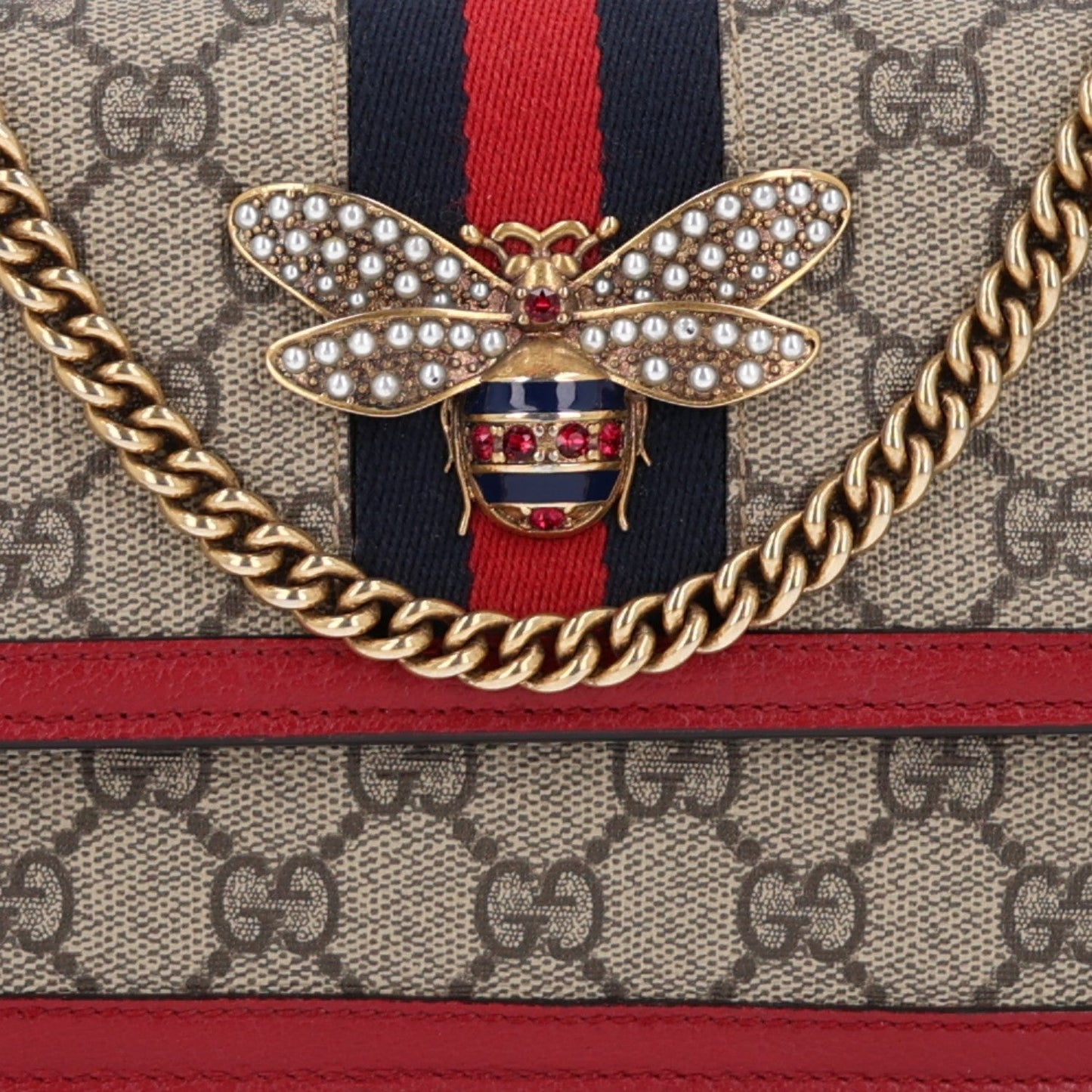 GG Supreme Monogram Web Queen Margaret Chain Wallet Red