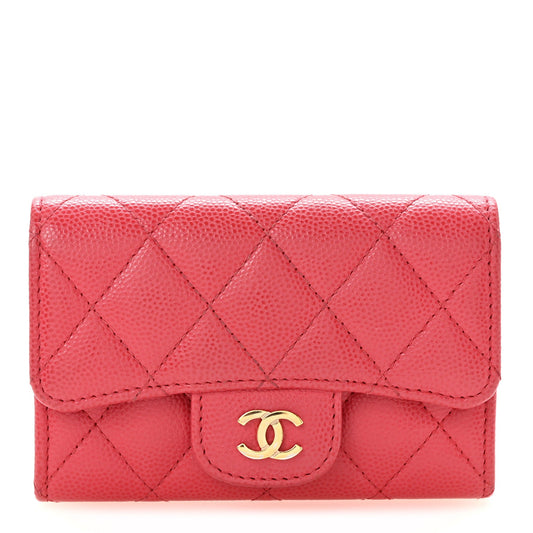 Caviar Quilted Flap Card Holder Wallet Dark Pink