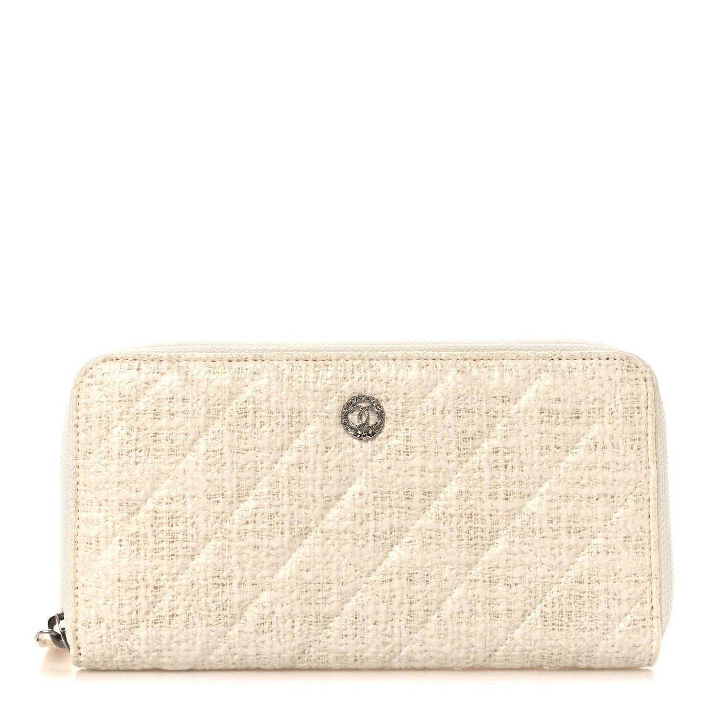 Tweed Coating Quilted Zip Around Wallet  White