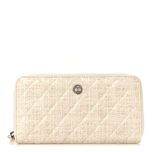 Tweed Coating Quilted Zip Around Wallet  White
