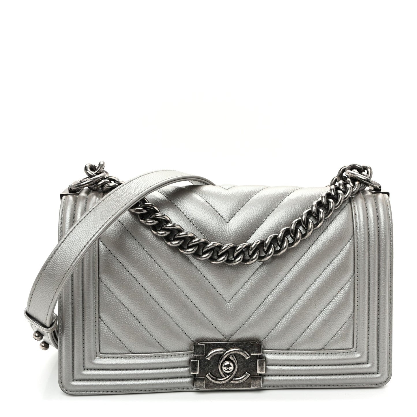 Metallic Caviar Chevron Quilted Medium Boy Flap Silver