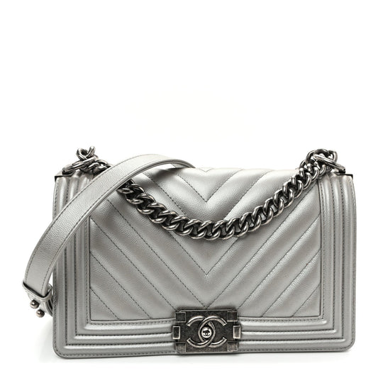 Metallic Caviar Chevron Quilted Medium Boy Flap Silver