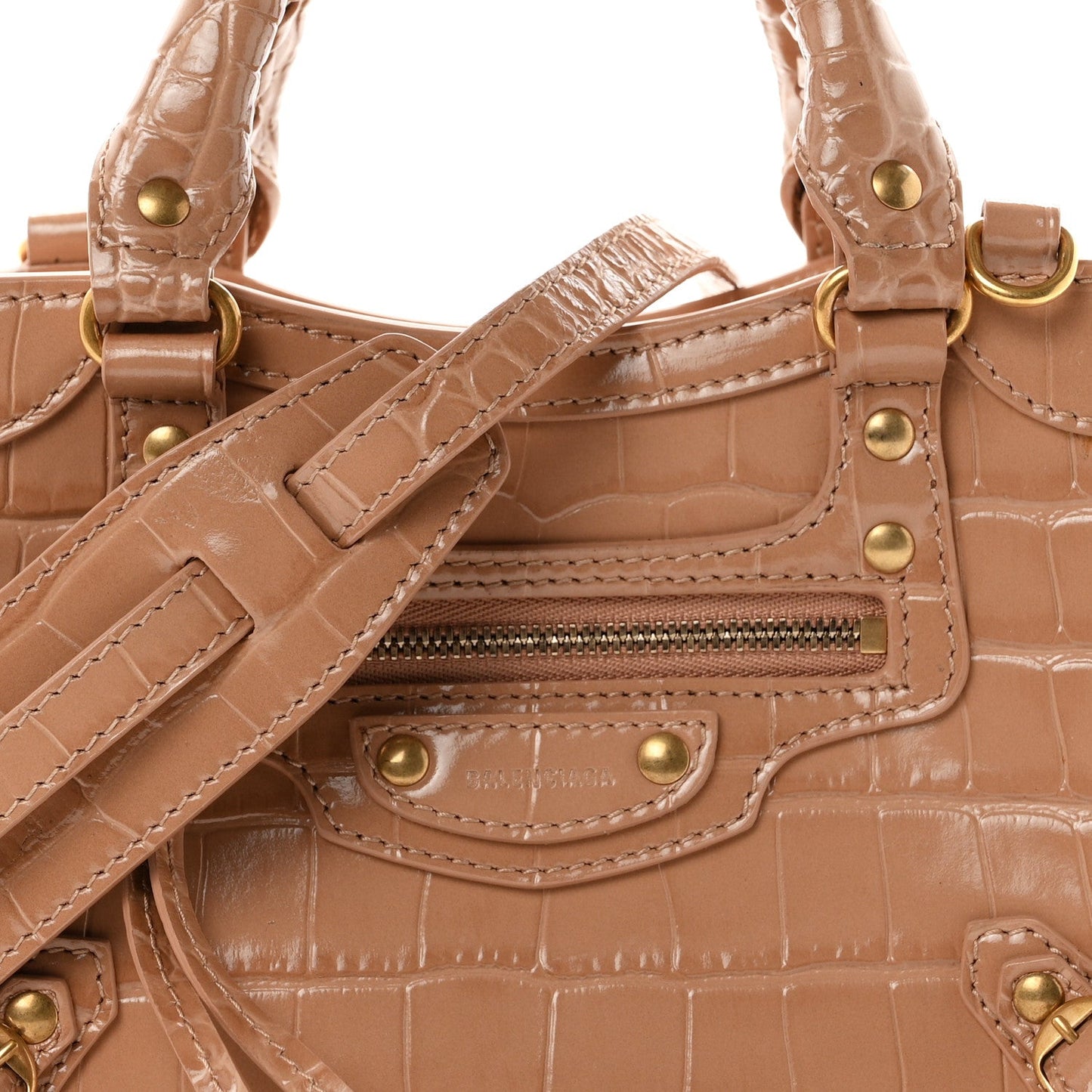 Shiny Supple Calfskin Crocodile Embossed Neo Classic Gold Hardware Mini City Nude Beige