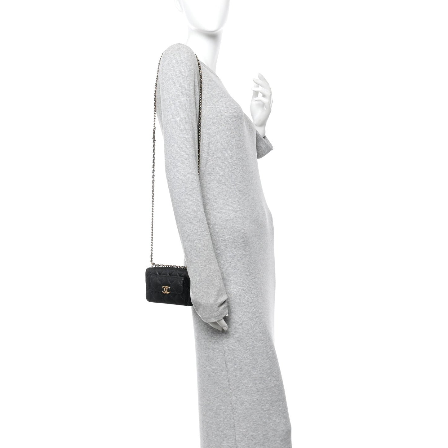 Caviar Quilted Pocket Twins Clutch With Chain Black