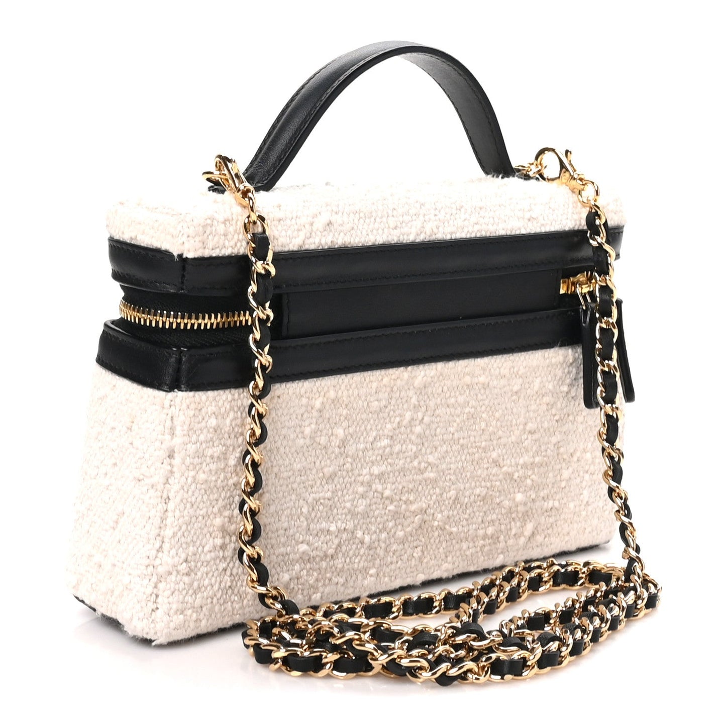 Boucle Calfskin Top Handle Slim Vanity Case With Chain Ecru Black