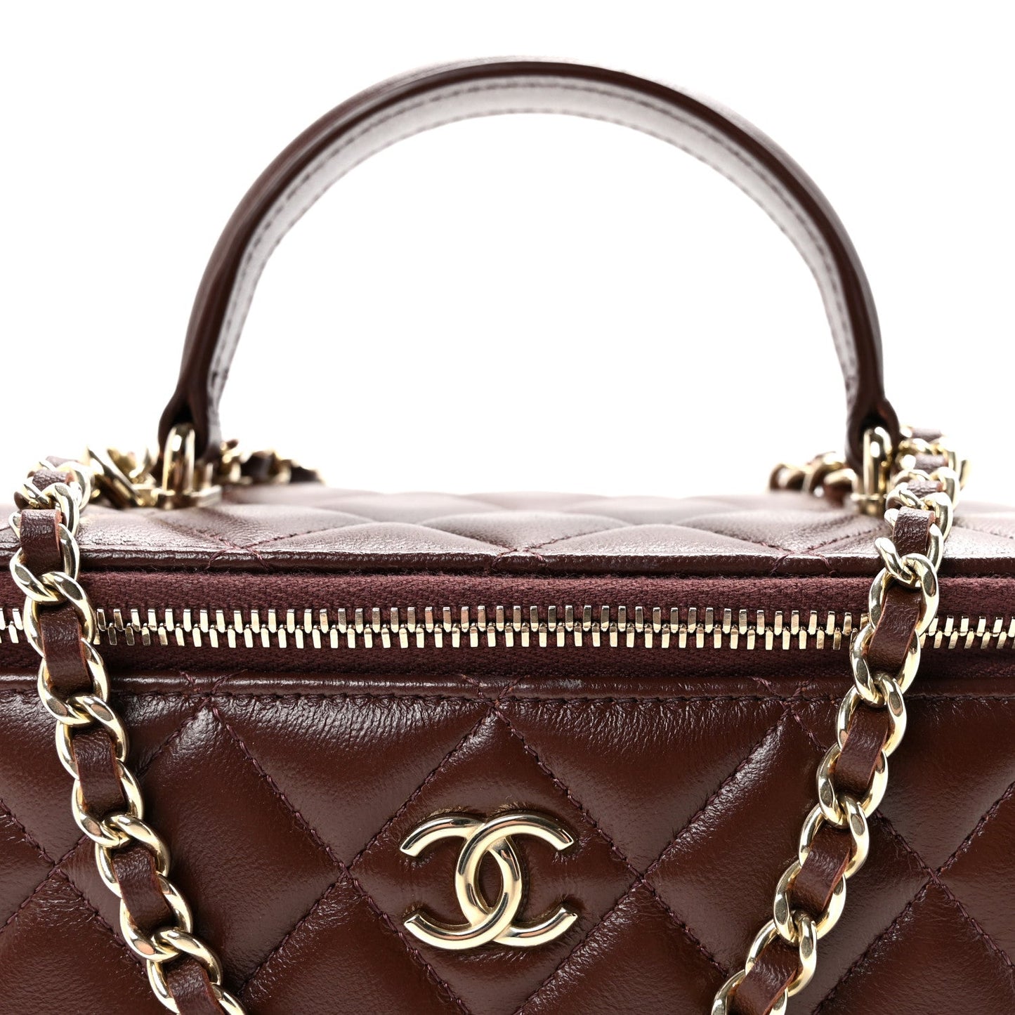 Lambskin Quilted Small Top Handle Vanity Case With Chain Dark Brown