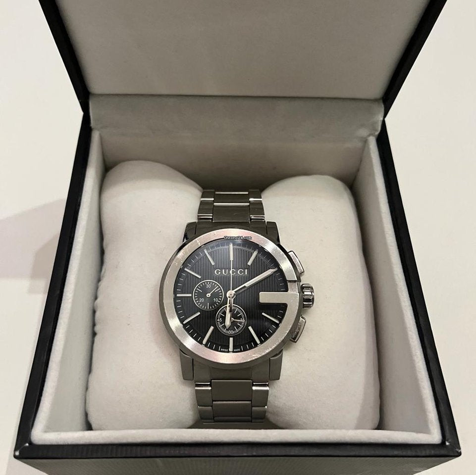 Gucci G Chrono Black Dial Silver Steel Strap Watch For Men - YA101204