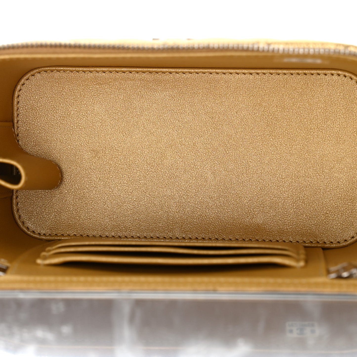 Metallic Caviar Quilted Top Handle Slim Vanity Case With Chain Gold