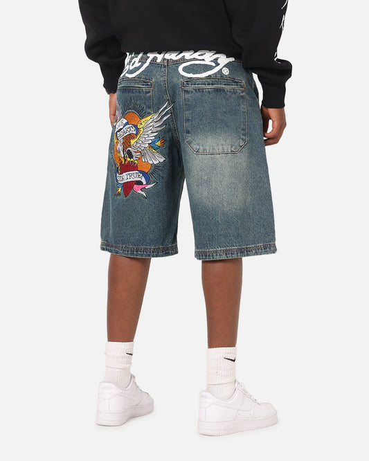 Ed Hardy Brave Hearts Jorts Washed Indigo
