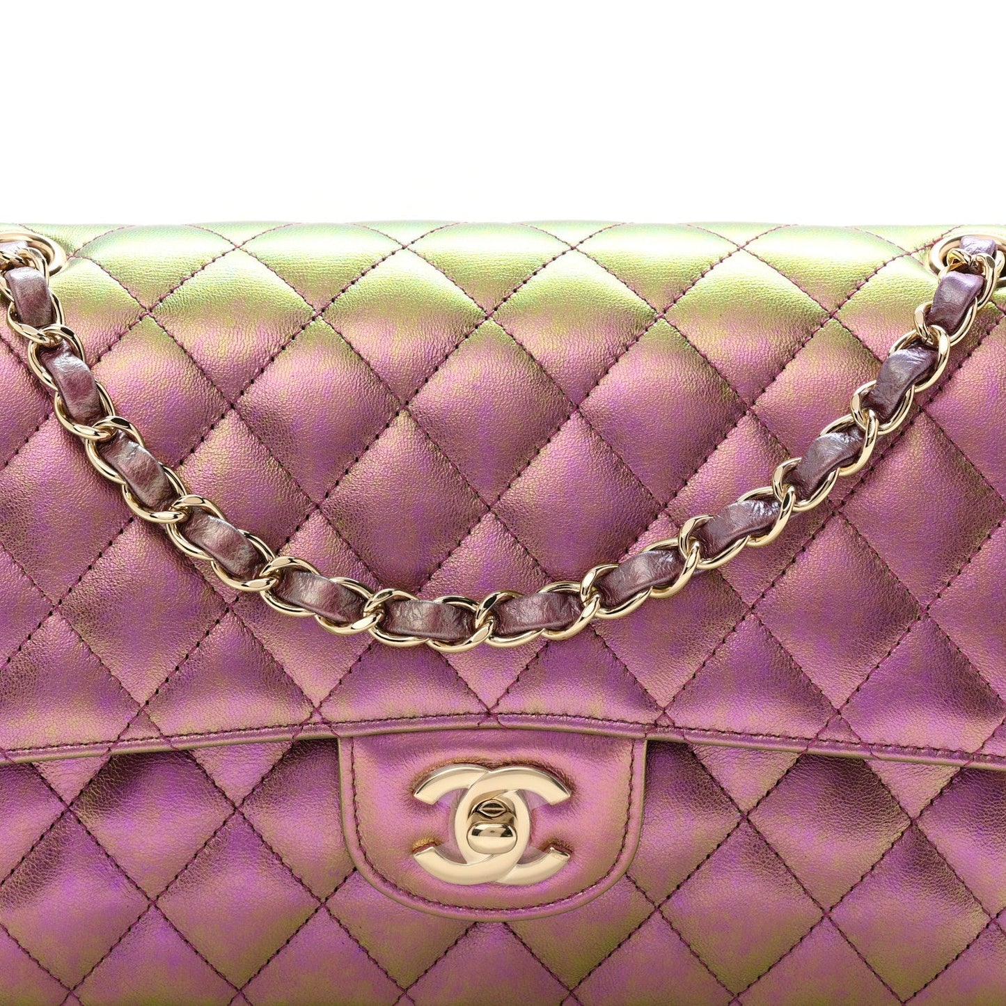 Iridescent Lambskin Quilted Medium Double Flap Purple