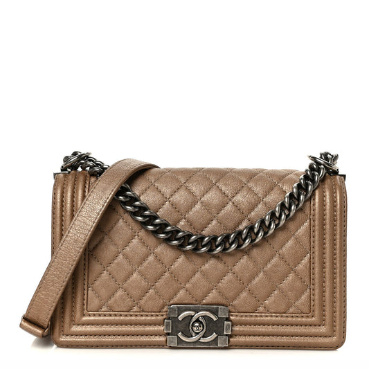 Metallic Calfskin Quilted Medium Boy Flap Taupe
