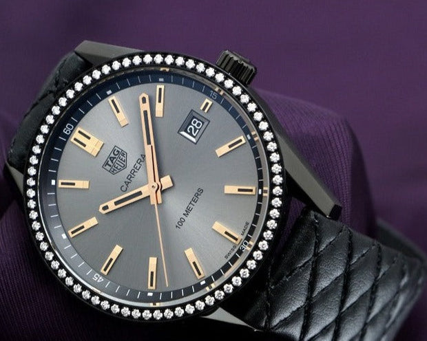 Tag Heuer Carrera Diamonds Anthracite Black Dial Black Leather Strap Watch for Women - WAR1115.FC6392