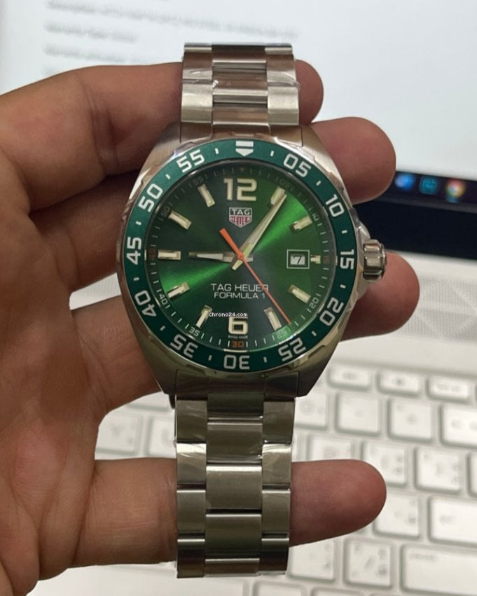 Tag Heuer Formula 1 Quartz Green Dial Silver Steel Strap Watch for Men - WAZ1017.BA0842