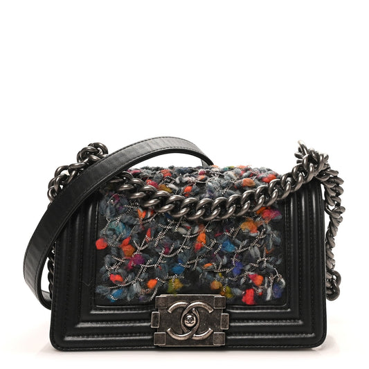 Calfskin Tweed Chain Small Boy Flap Black