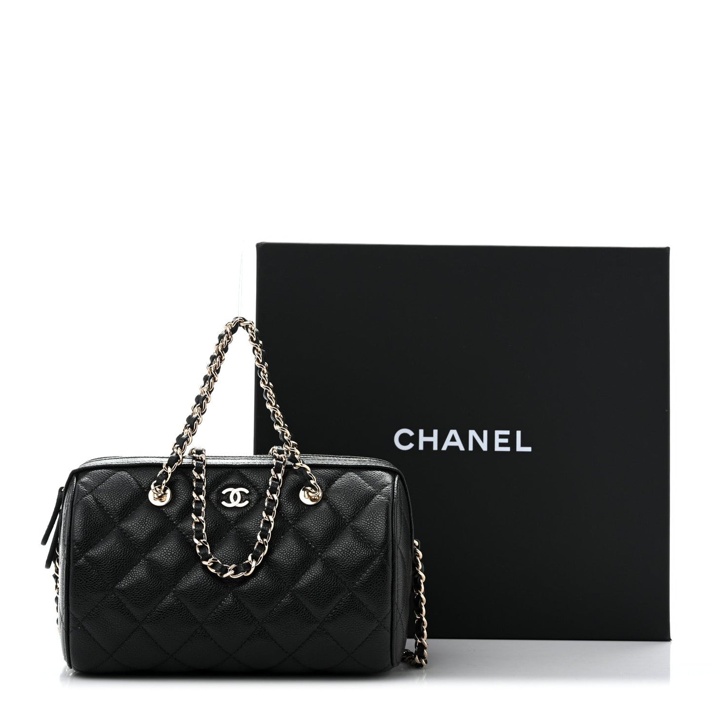 Caviar Quilted Barrel Clutch With Chain  Black