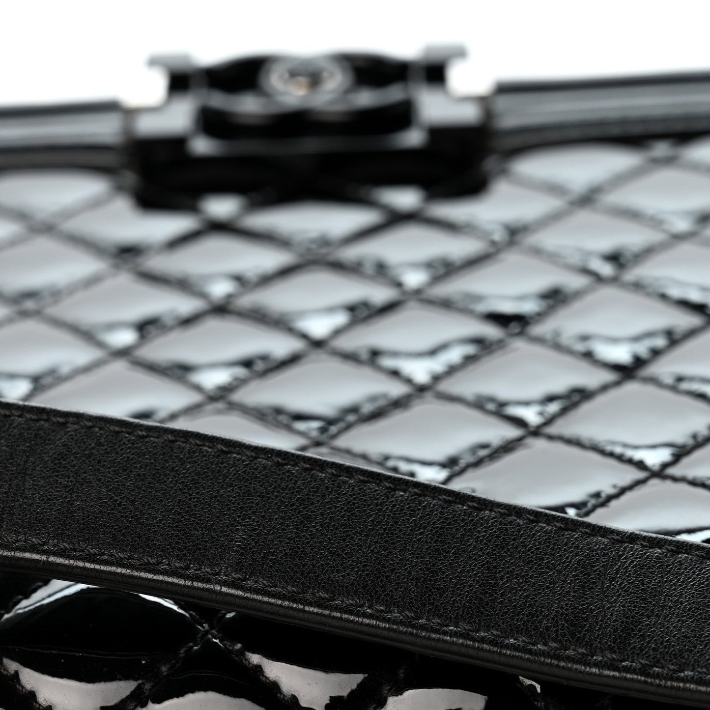 Patent Calfskin Quilted New Medium Plexiglass Boy Flap Black