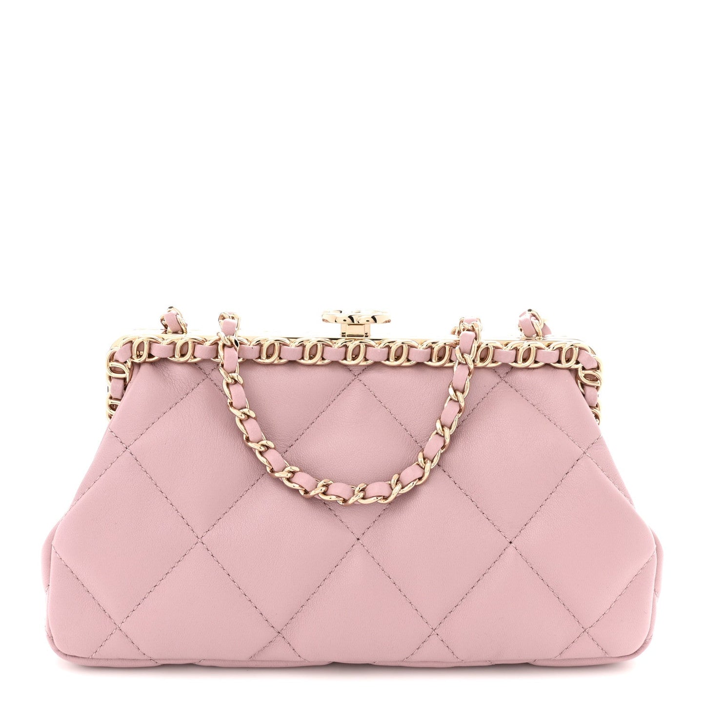 Lambskin Quilted Chain Frame Clutch Pink
