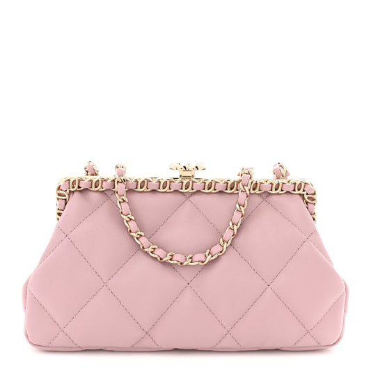 Lambskin Quilted Chain Frame Clutch Pink