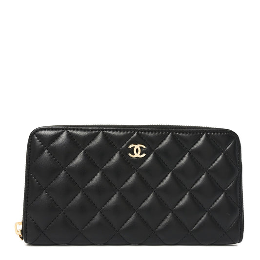 Lambskin Quilted Large Gusset Zip Around Wallet Black