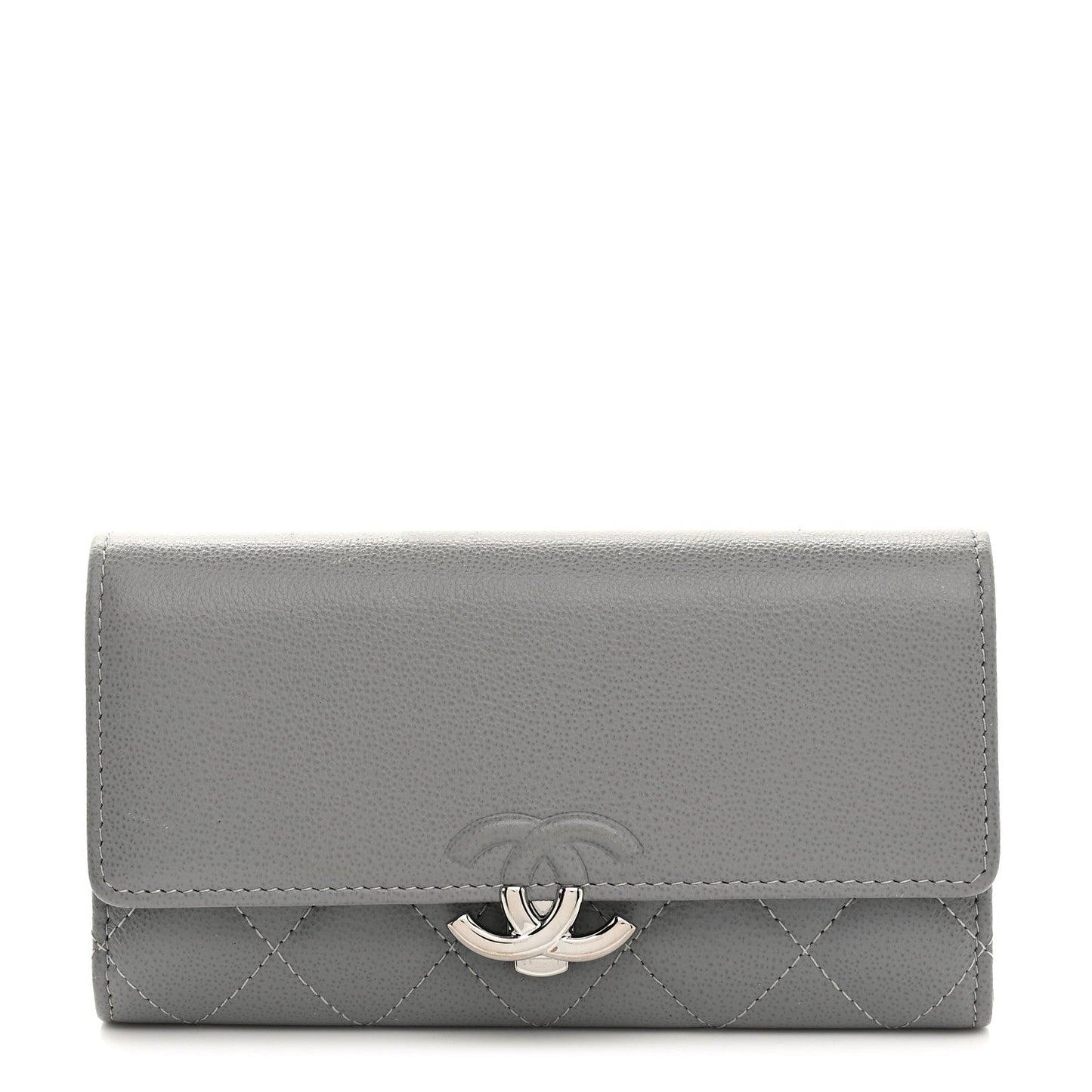 Grained Calfskin Quilted CC Box Flap Wallet Grey