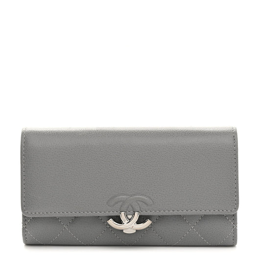 Grained Calfskin Quilted CC Box Flap Wallet Grey