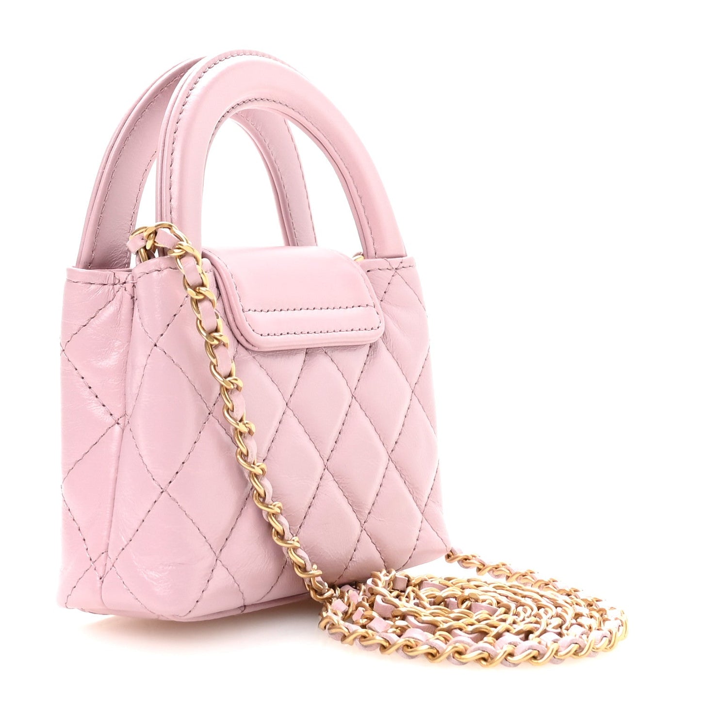 Shiny Aged Calfskin Quilted Mini Nano Kelly Shopper Pink