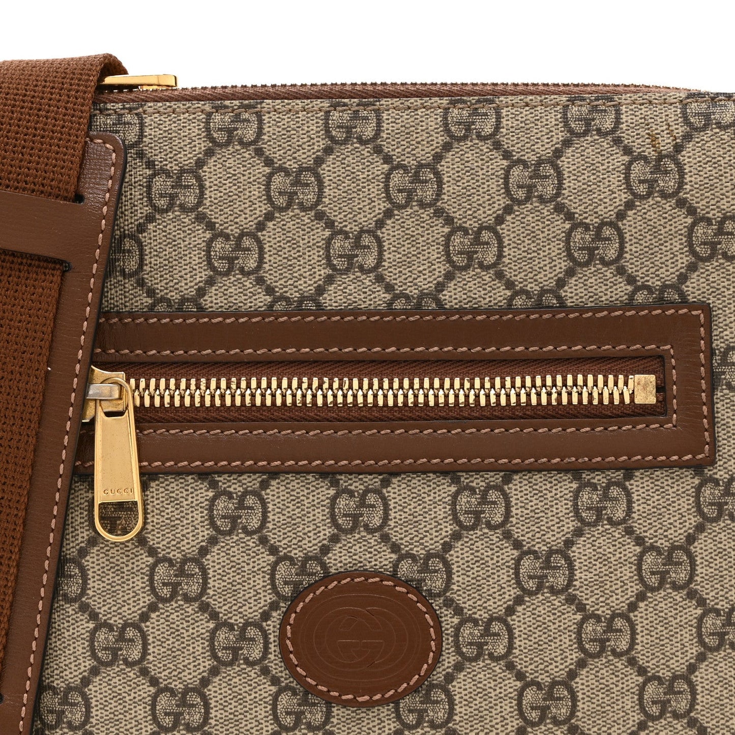 GG Supreme Monogram Azalea Calfskin Retro Interlocking G Flat Messenger Bag Beige Ebony Brown Sugar