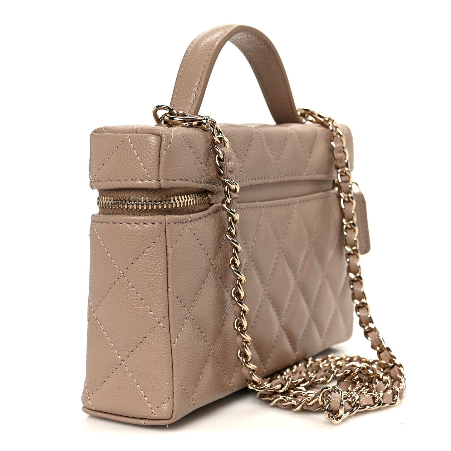 Caviar Quilted Top Handle Slim Vanity With Chain Dark Beige