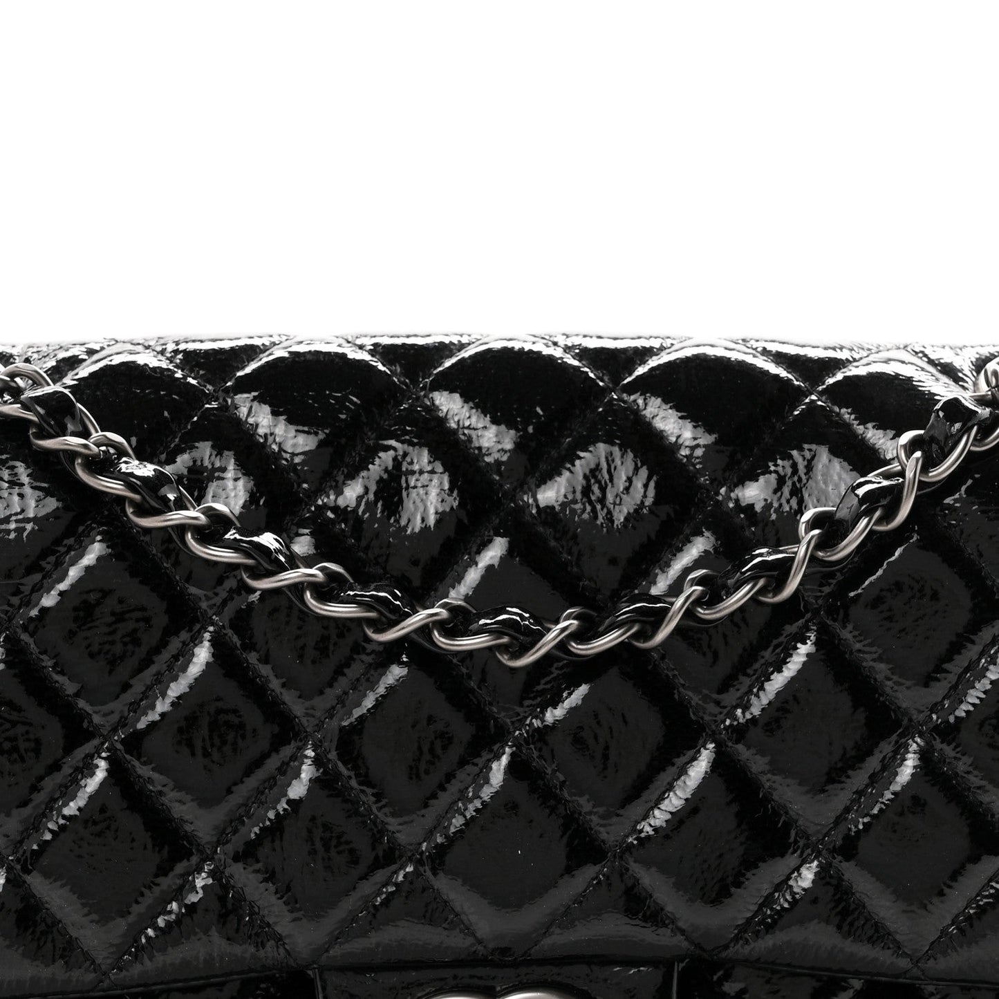 Crumpled Patent Quilted Medium Double Flap Black