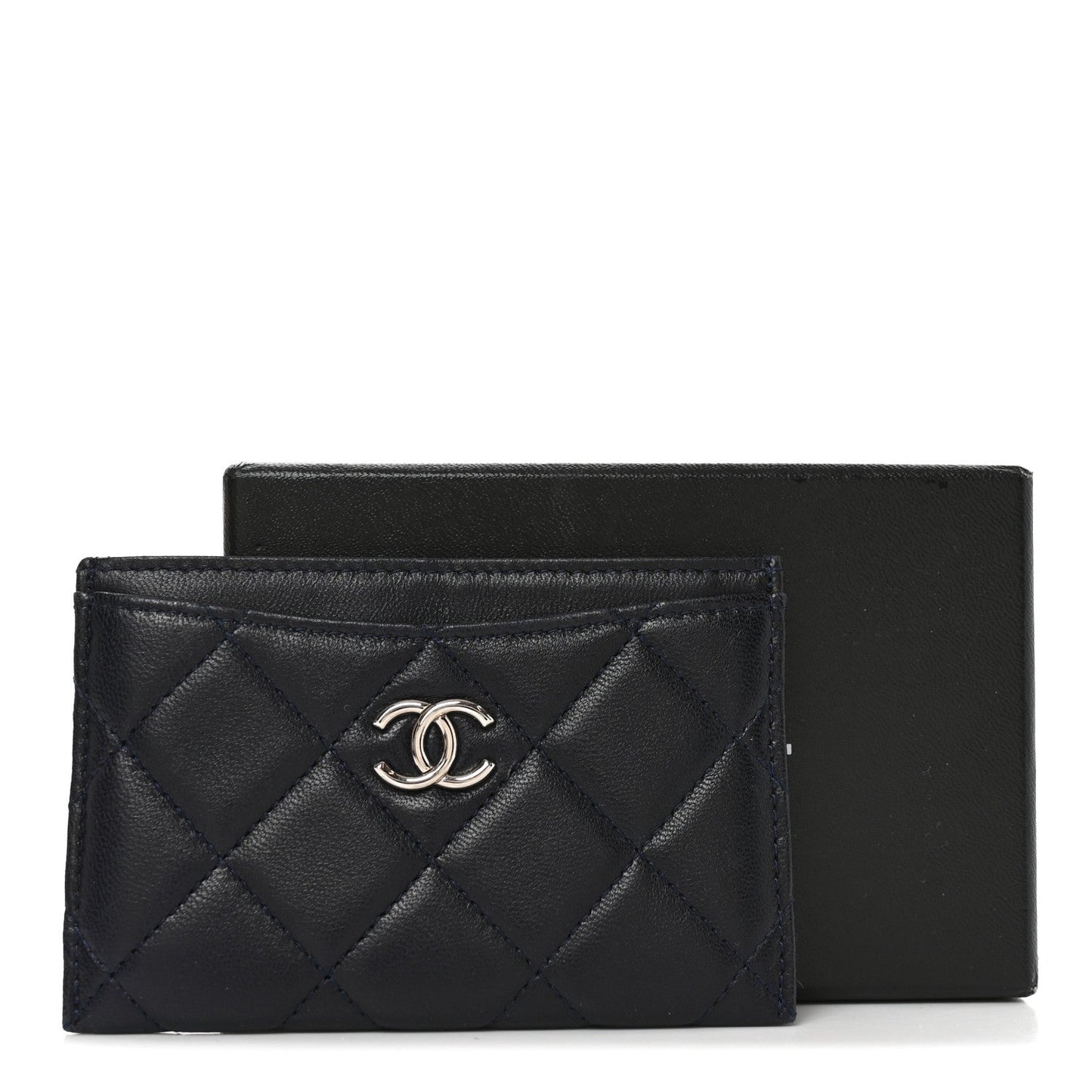 Lambskin Quilted Card Holder Navy Blue