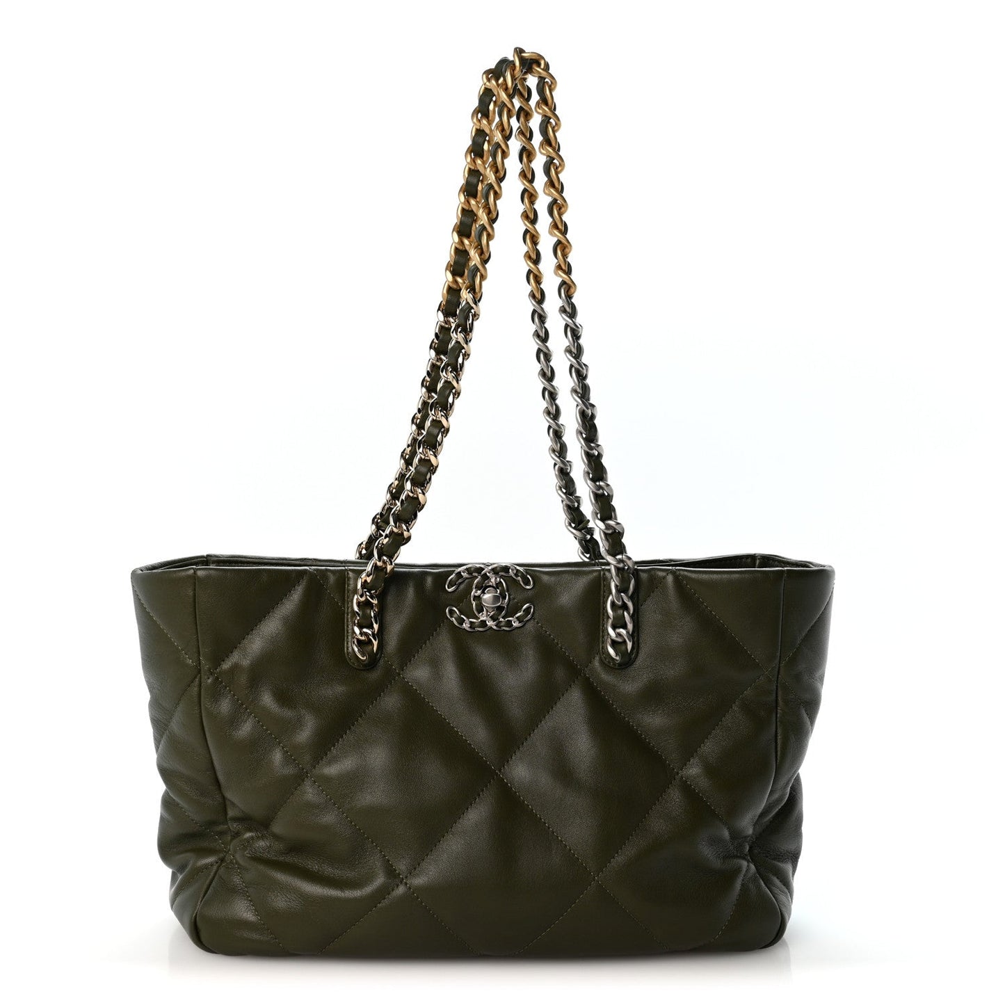 Lambskin Quilted Chanel 19 East West Shopping Bag Dark Green