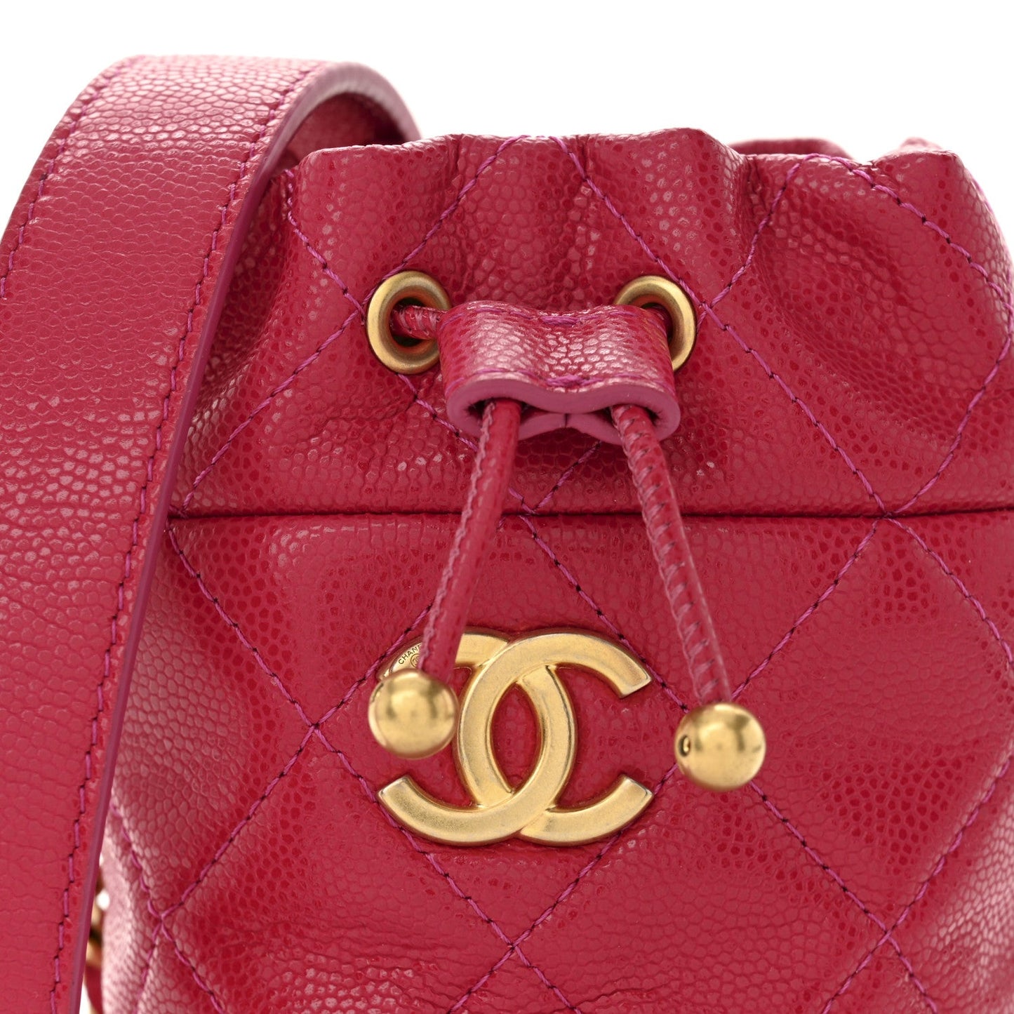 Caviar Quilted Twist Your Buttons Mini Bucket Bag Fuchsia