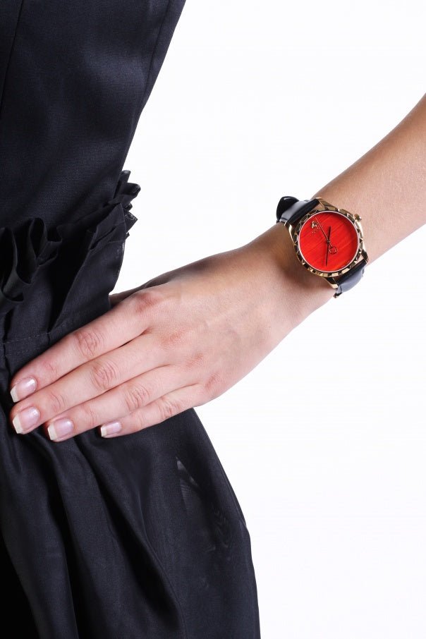 Gucci G Timeless Coral Red Dial Black Leather Strap Watch For Men - YA126464