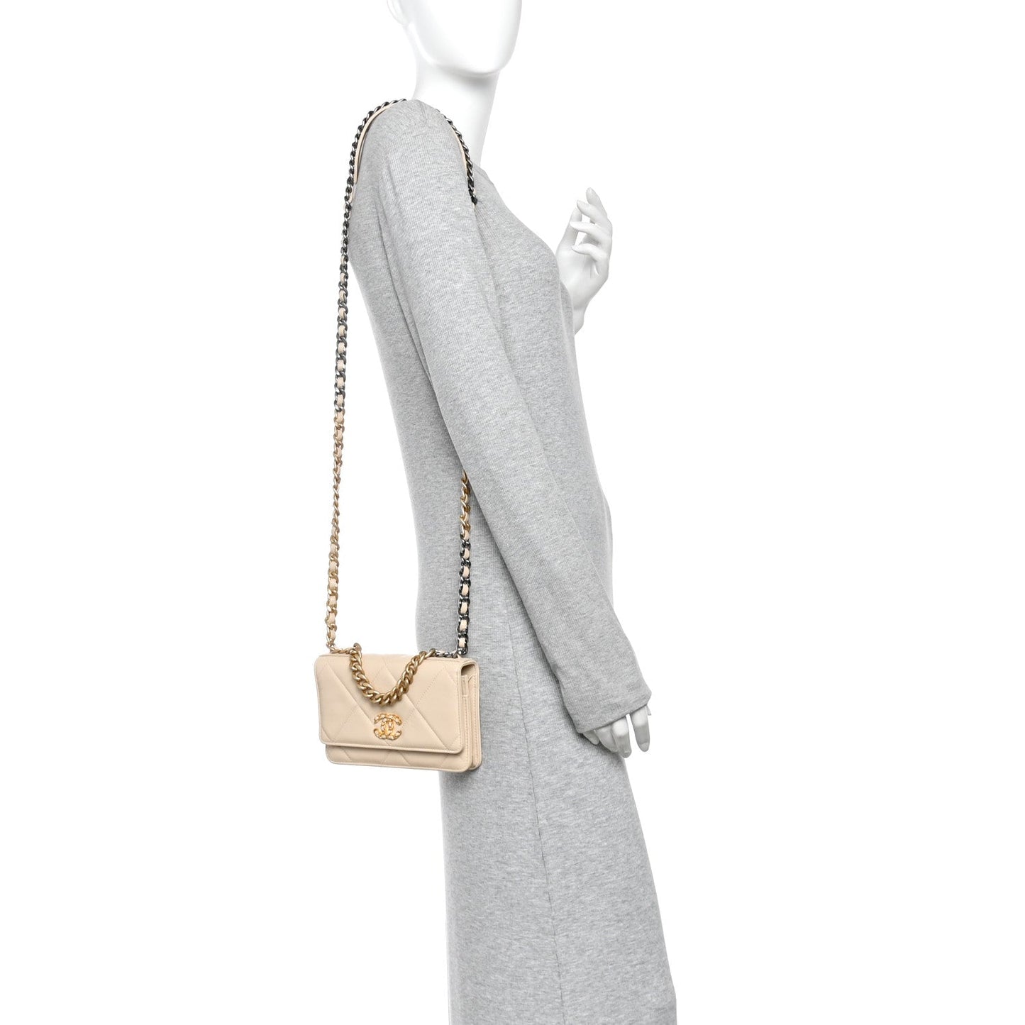 Lambskin Quilted Chanel 19 Wallet On Chain WOC Beige