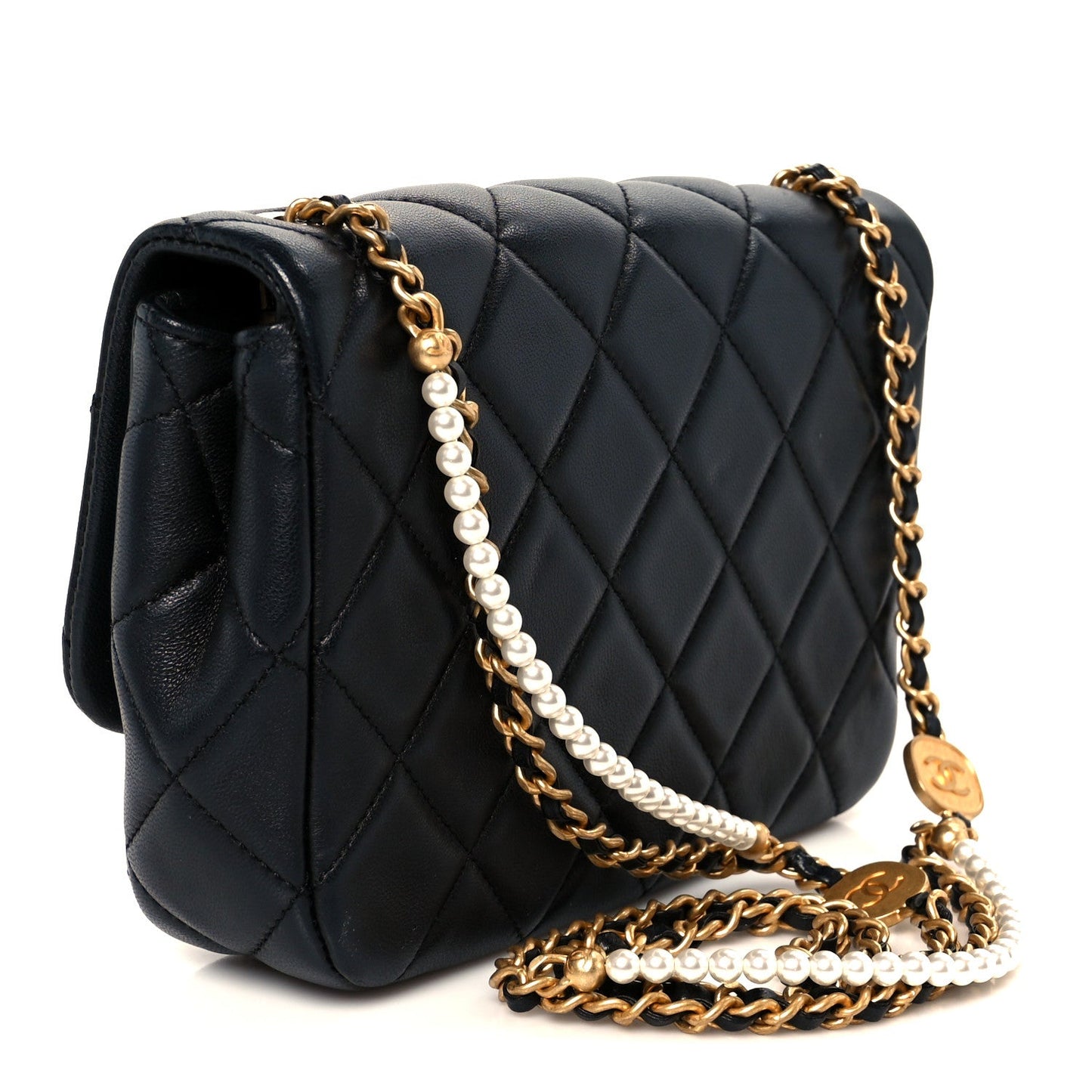 Lambskin Quilted  Pearl  Flap Black