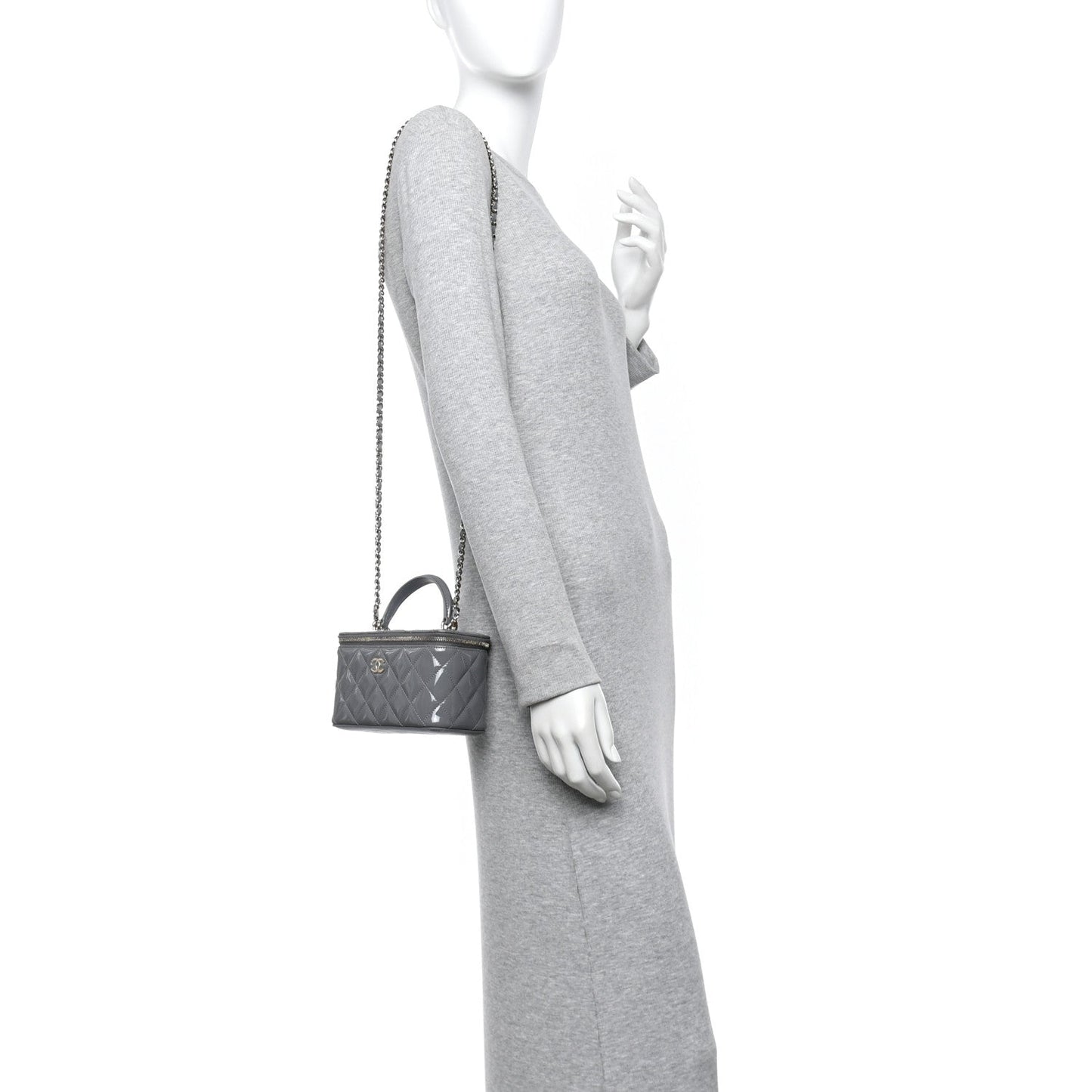 Patent Quilted Quilted Small Top Handle Vanity Case With Chain Grey