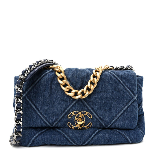 Denim Quilted Medium Chanel 19 Flap  Blue