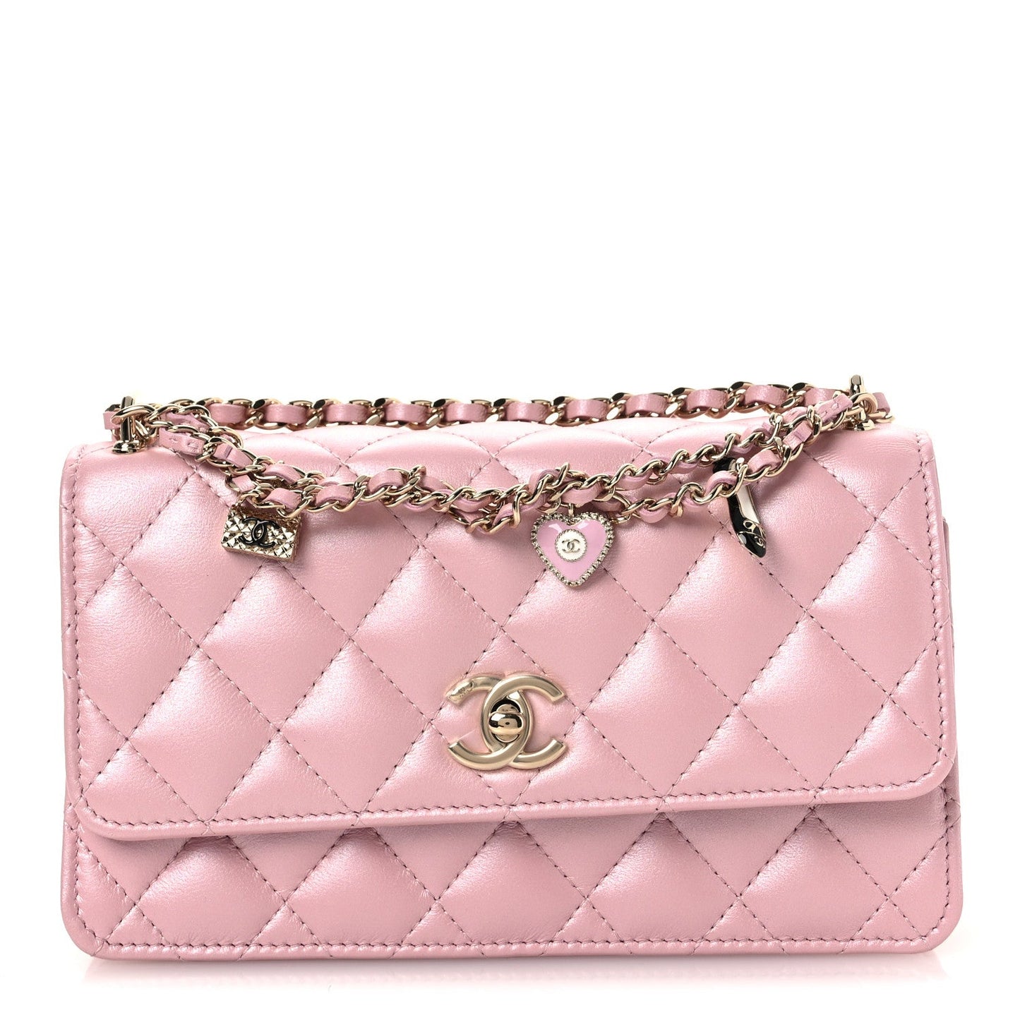 Pearly Lambskin Quilted Charms Wallet On Chain WOC Light Pink