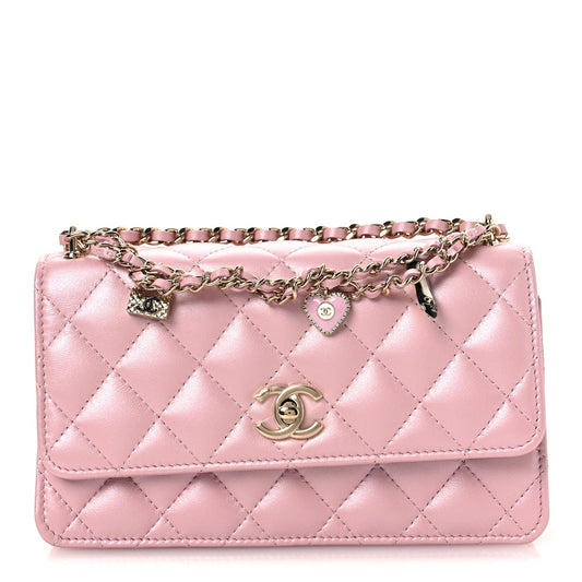 Pearly Lambskin Quilted Charms Wallet On Chain WOC Light Pink