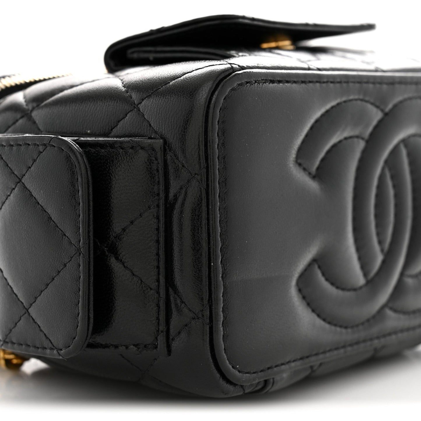 Lambskin Quilted Polly Pocket East West Top Vanity With Chain Black