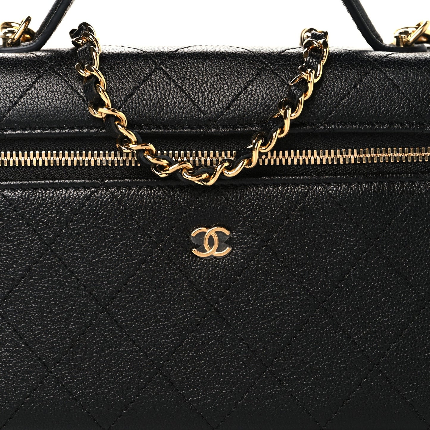 Goatskin Stitched Top Handle Slim Vanity With Chain Black