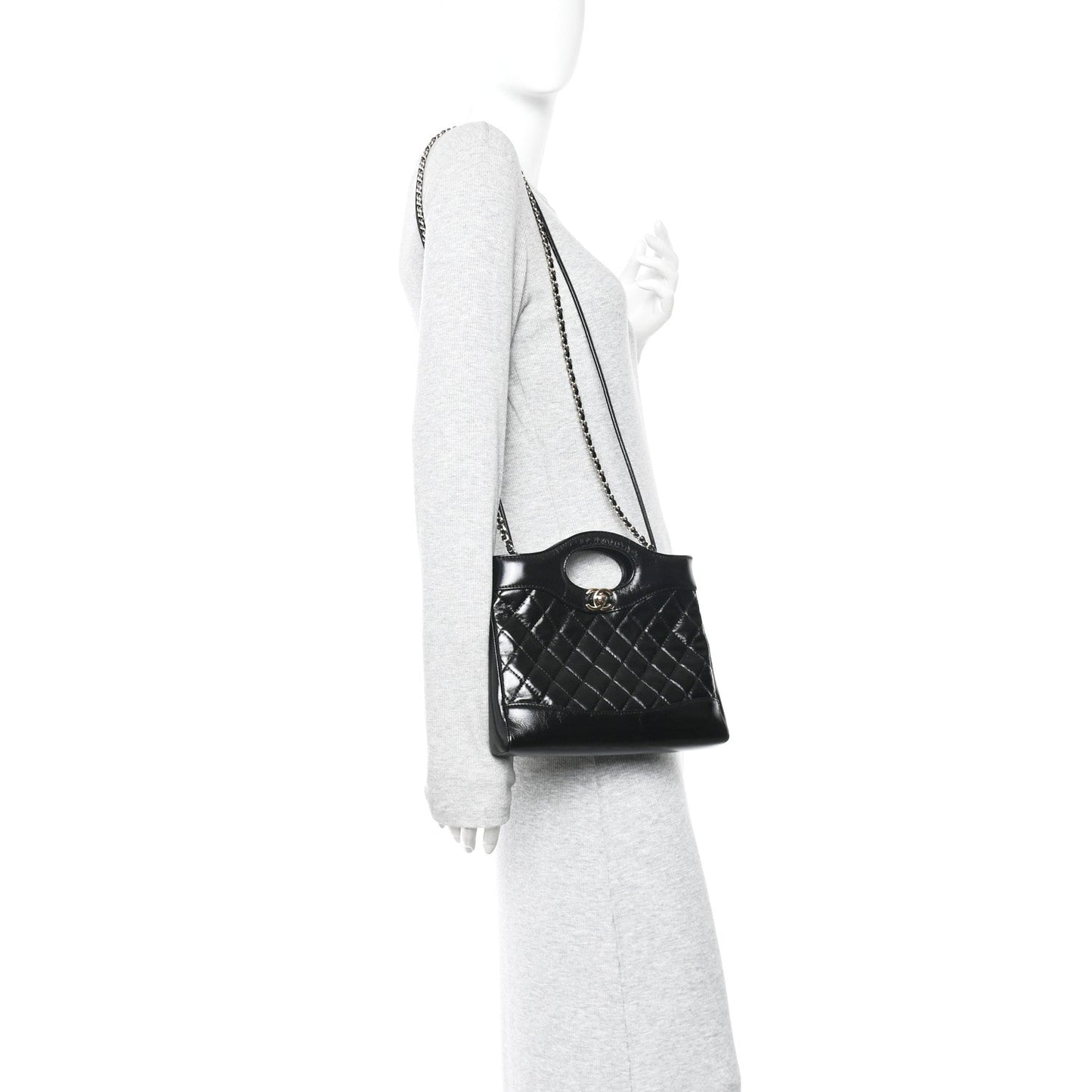 Shiny Lambskin Quilted Mini 31 Shopping Bag Black
