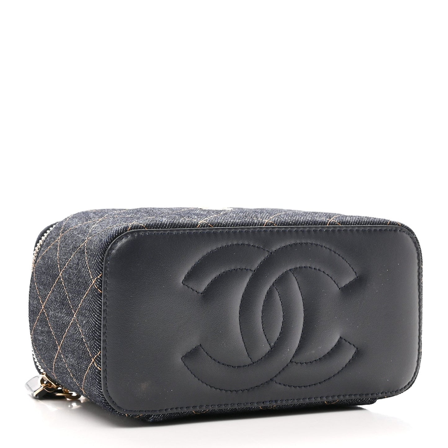 Denim Quilted Small Vanity Case With Chain Dark Blue Orange