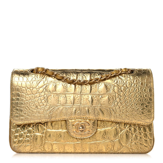 Metallic Calfskin Crocodile Embossed Cocodile Medium Double Flap Gold