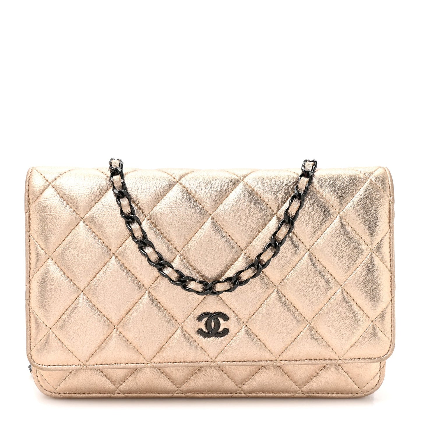 Metallic Lambskin Quilted Wallet On Chain WOC Gold Black