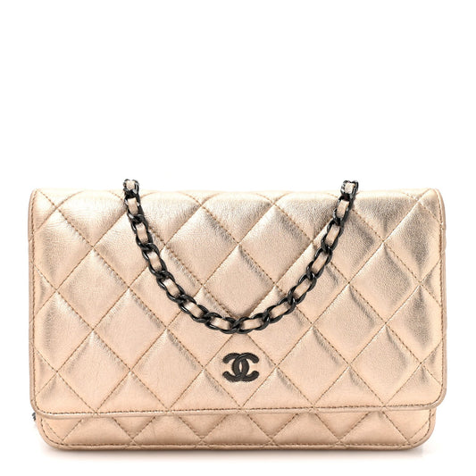 Metallic Lambskin Quilted Wallet On Chain WOC Gold Black