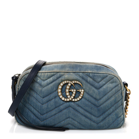 Denim Matelasse Small Pearly GG Marmont Chain Shoulder Bag Blue